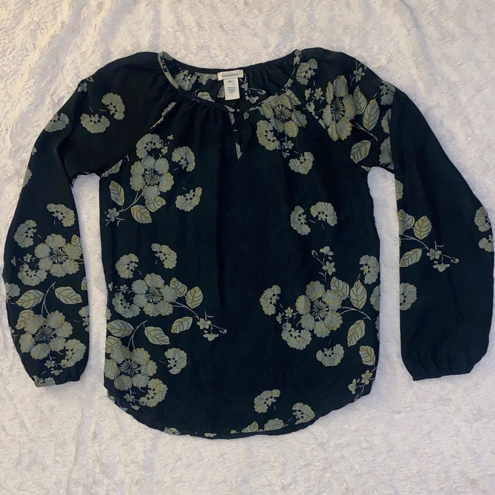 Sundance Black & Green Floral Print 100% Silk Long Sleeve Blouse